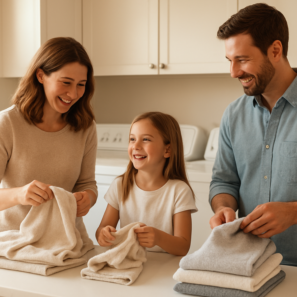 Happy family enjoying fresh laundry at home
