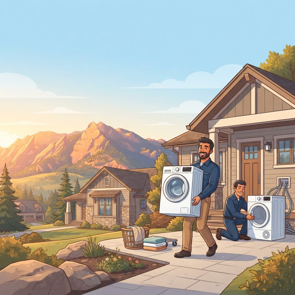 Cartoon technicians installing a washer and dryer with Colorado mountains behind them
